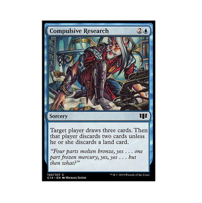 A Magic The Gathering card for Compulsive Research depicts an elf-like researcher in robes surrounded by books and arcane equipment