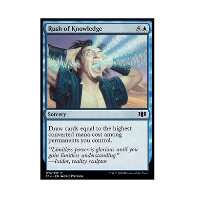 Magic The Gathering card Rush of Knowledge depicts a screaming man clutching his head as blue energy blasts from his eyes and mouth