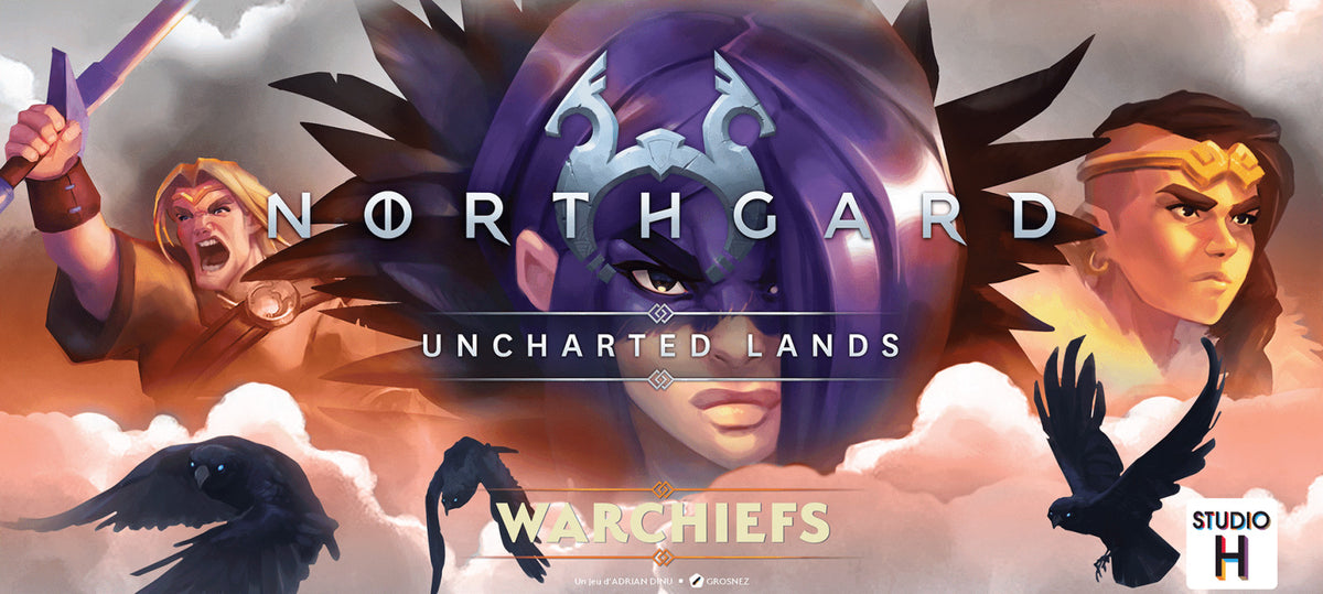Northgard Warchiefs Expansion key art featuring a male warrior a female warchief in purple and a female tribal leader with ravens signaling a fantasy strategy game