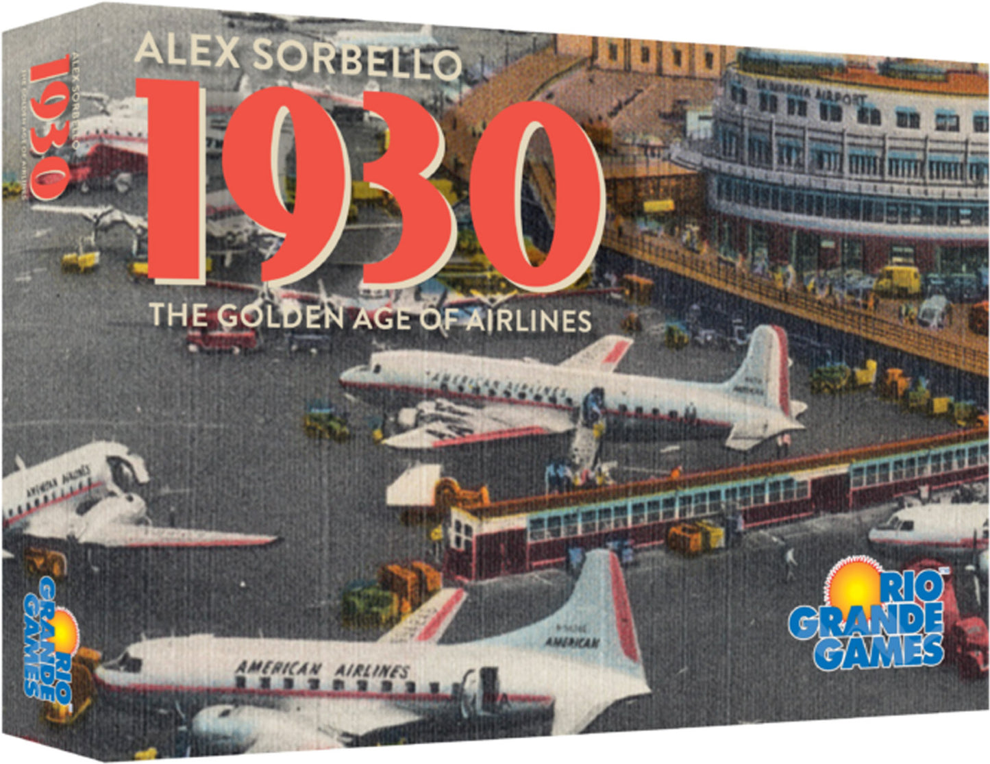 Board game box for 1930 The Golden Age of Airlines by Alex Sorbello from Rio Grande Games featuring vintage art of airplanes on a tarmac