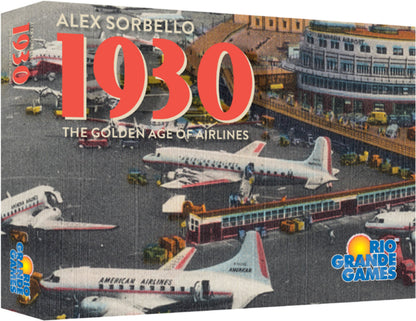 Board game box for 1930 The Golden Age of Airlines by Alex Sorbello from Rio Grande Games featuring vintage art of airplanes on a tarmac
