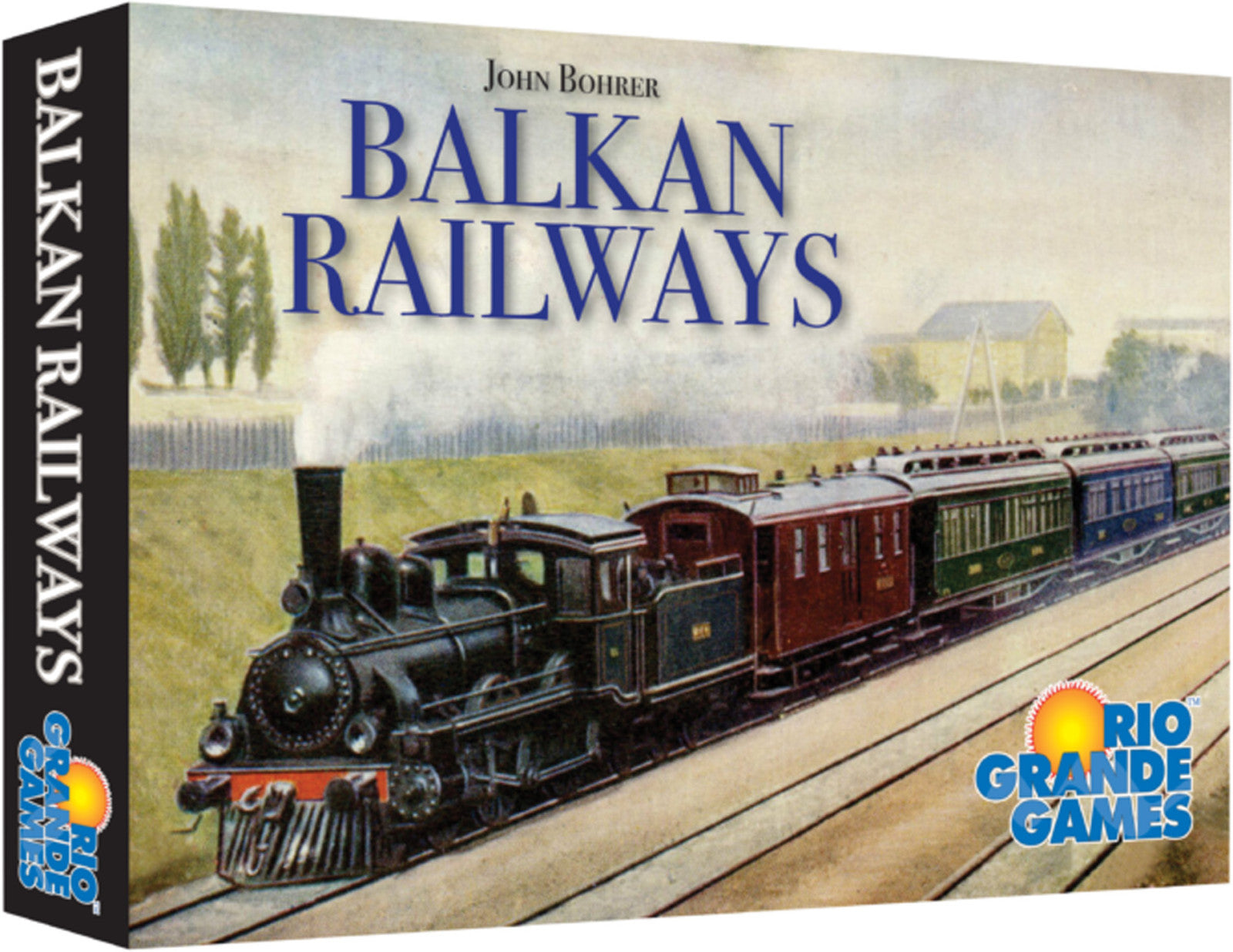 Board game box for Balkan Railways featuring a vintage illustration of a steam locomotive pulling passenger cars