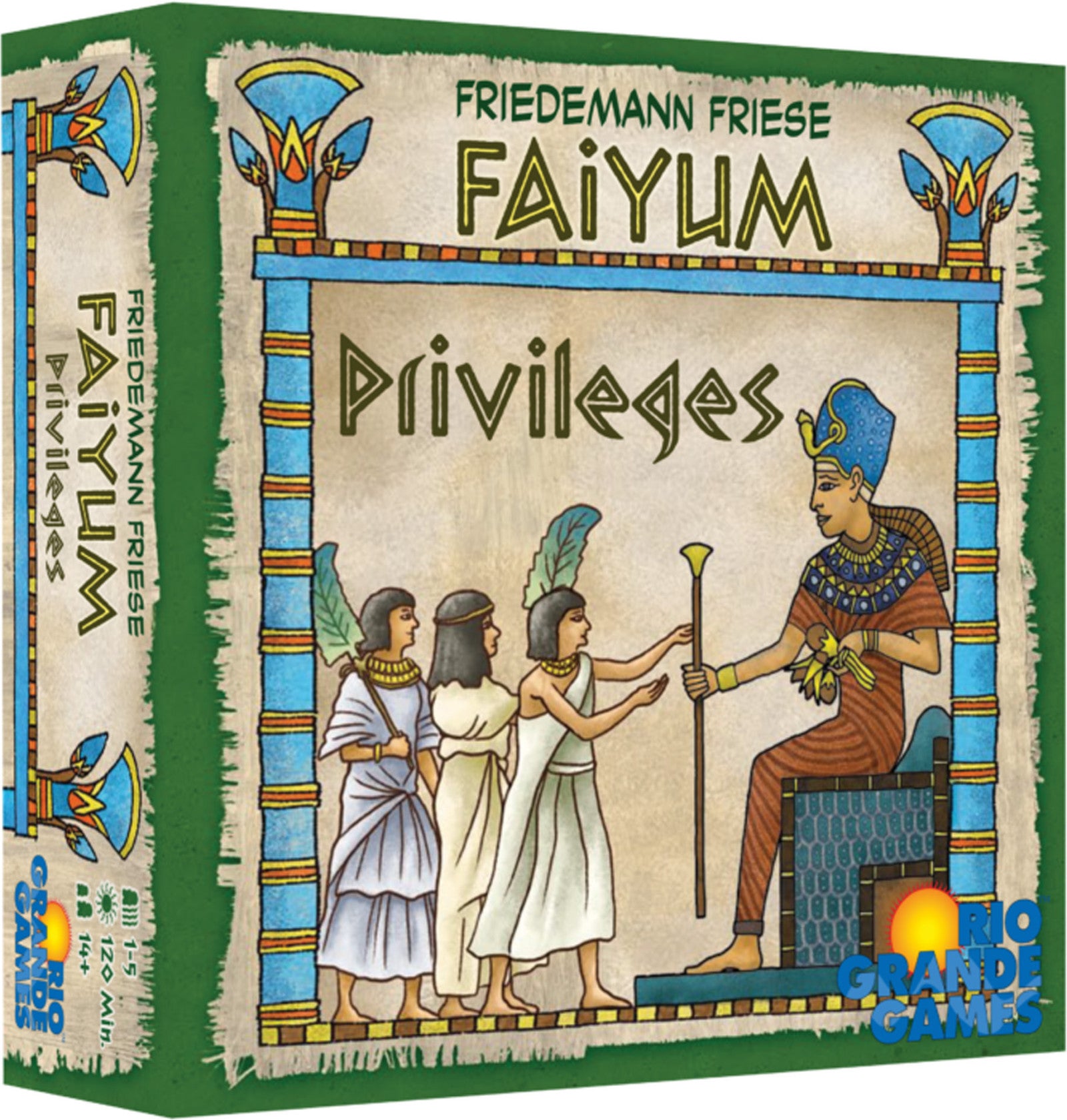 Box cover of the Faiyum: Privileges expansion showcasing ancient Egyptian motifs and symbols