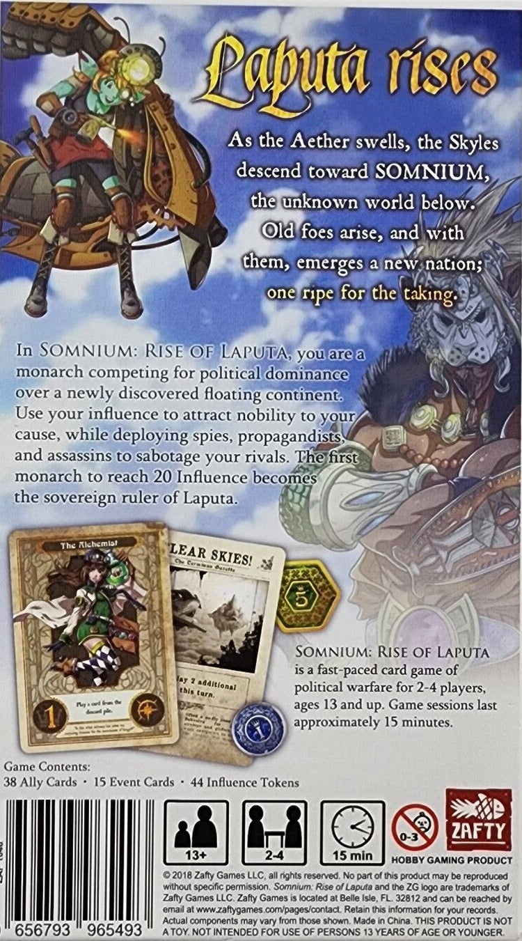 Back of "Laputa rises" game box: A goggled character flies a steampunk machine -  a tiger-masked warrior stands -  plus game cards