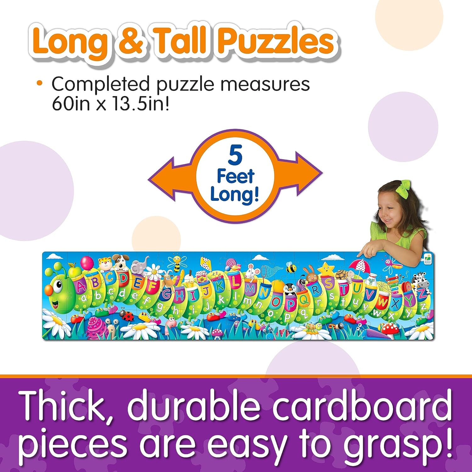 Young girl pointing at a completed 5-foot-long alphabet caterpillar floor puzzle