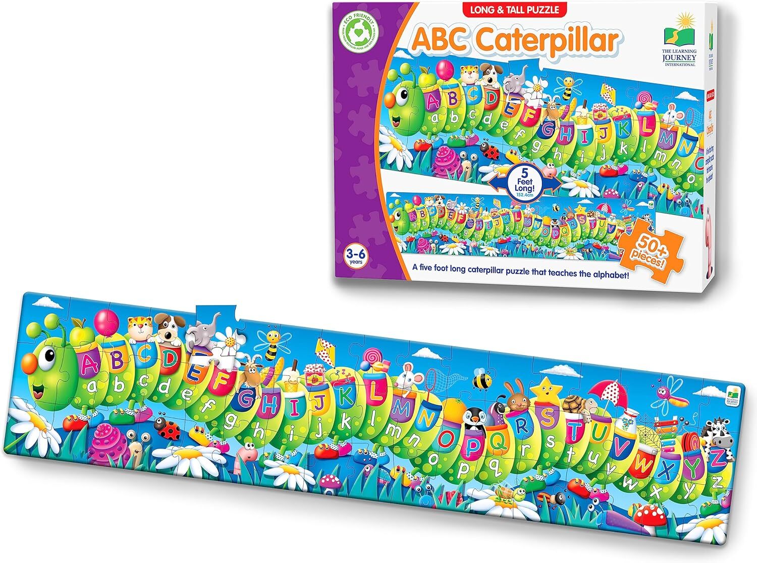 ABC Caterpillar long puzzle and box, featuring a green alphabet caterpillar (A-Z) and cartoon animals
