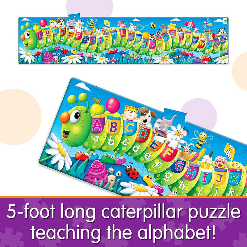 Vibrant educational caterpillar puzzle showing the full alphabet (A-Z) on segmented pieces