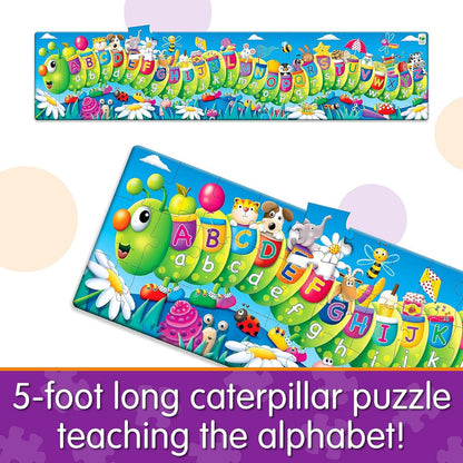 Vibrant educational caterpillar puzzle showing the full alphabet (A-Z) on segmented pieces