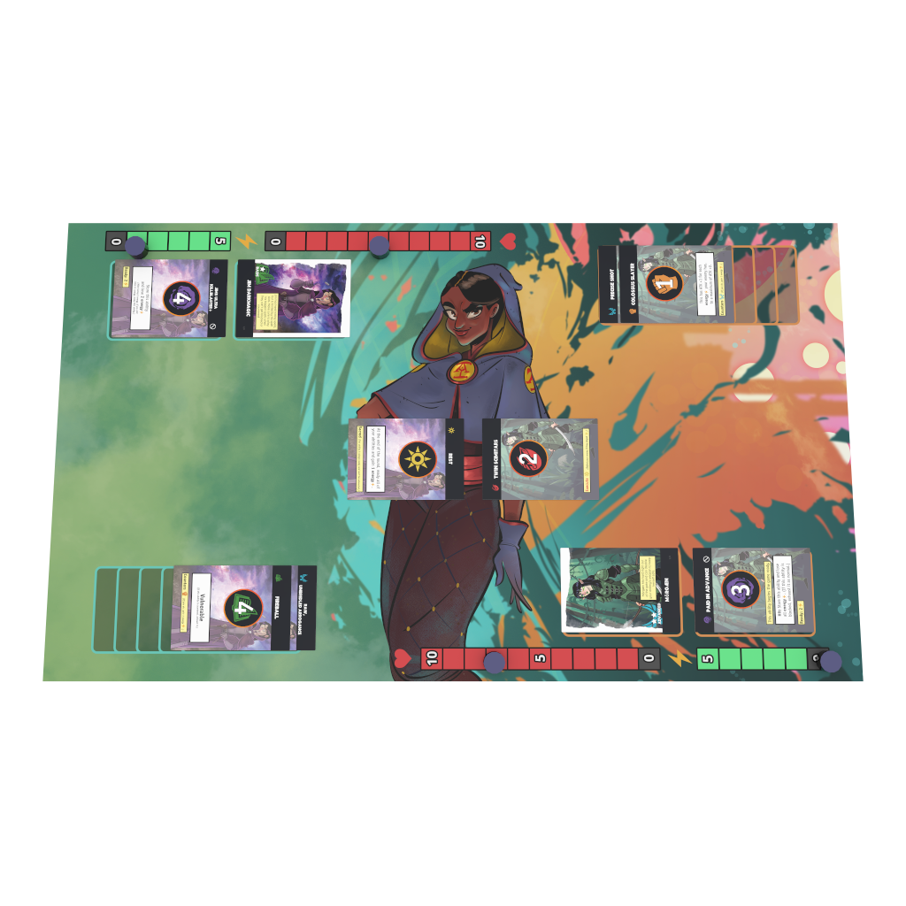 Gameplay setup with character cards, tokens, and player mats arranged on a table