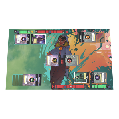 Gameplay setup with character cards, tokens, and player mats arranged on a table