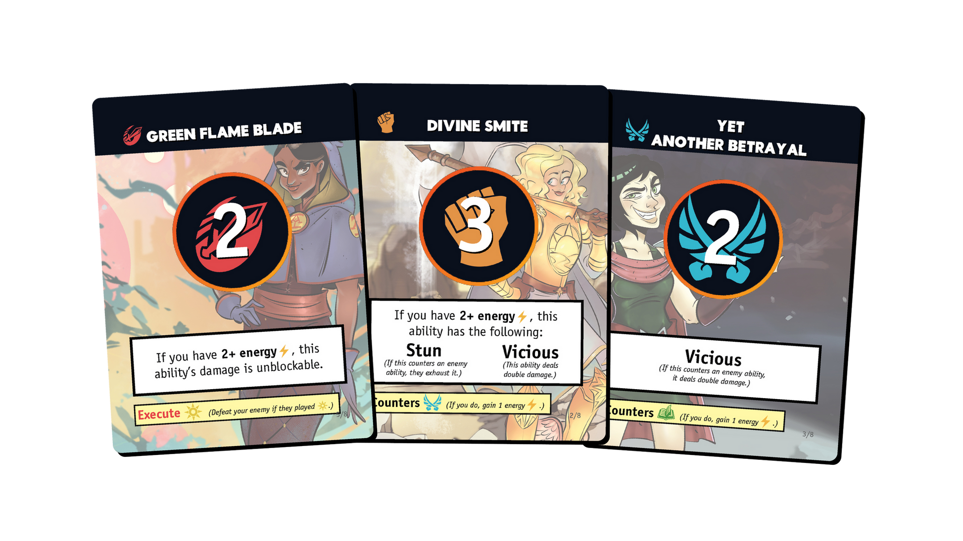Spread of three character cards displaying stats and abilities