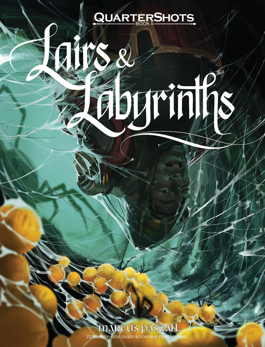 QuarterShots Book with vibrant cover art featuring a warrior hanging upside down caught in a giant spiderweb