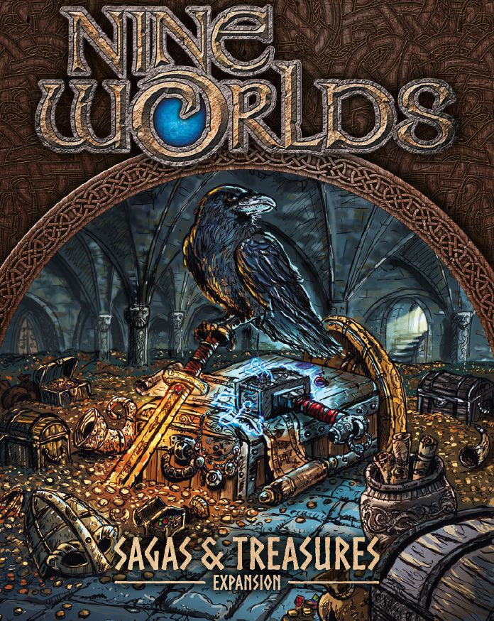 Nine Worlds Sagas Treasures expansion board game box art with a raven perched on a treasure chest in a dungeon