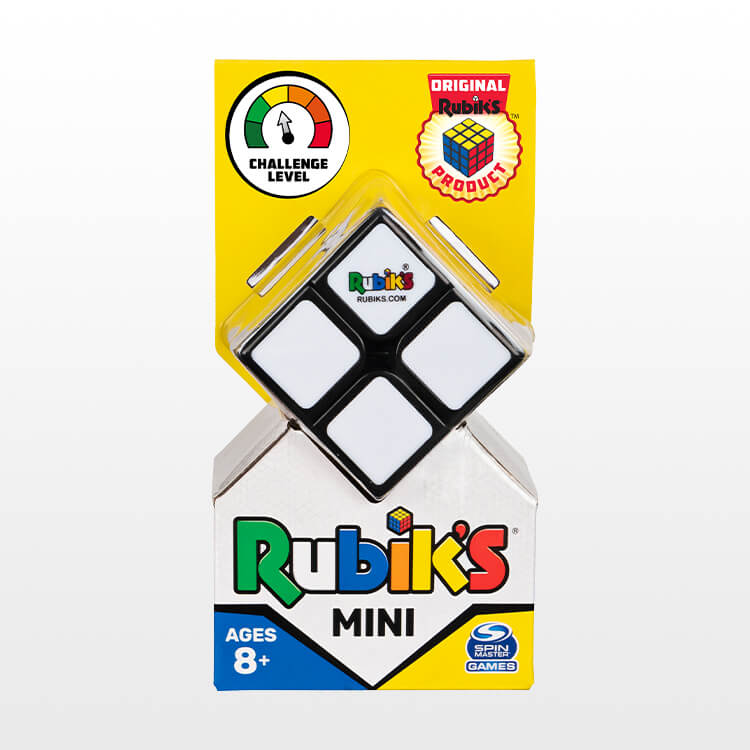 Rubiks Mini 2x2 front view of the cube in branded packaging, showcasing the 2x2 grid design