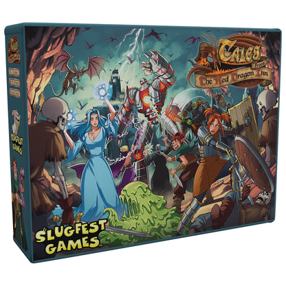 Fantasy board game box showing heroes (sorceress, warrior) fighting a giant knight, skeletons and monsters