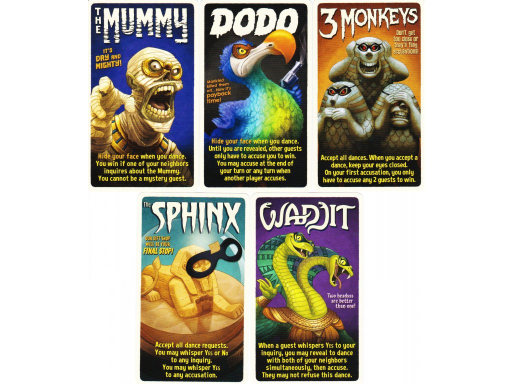 Five colourful illustrated game cards, featuring characters: The Mummy, Dodo, 3 Monkeys, Sphinx, and a two-headed snake