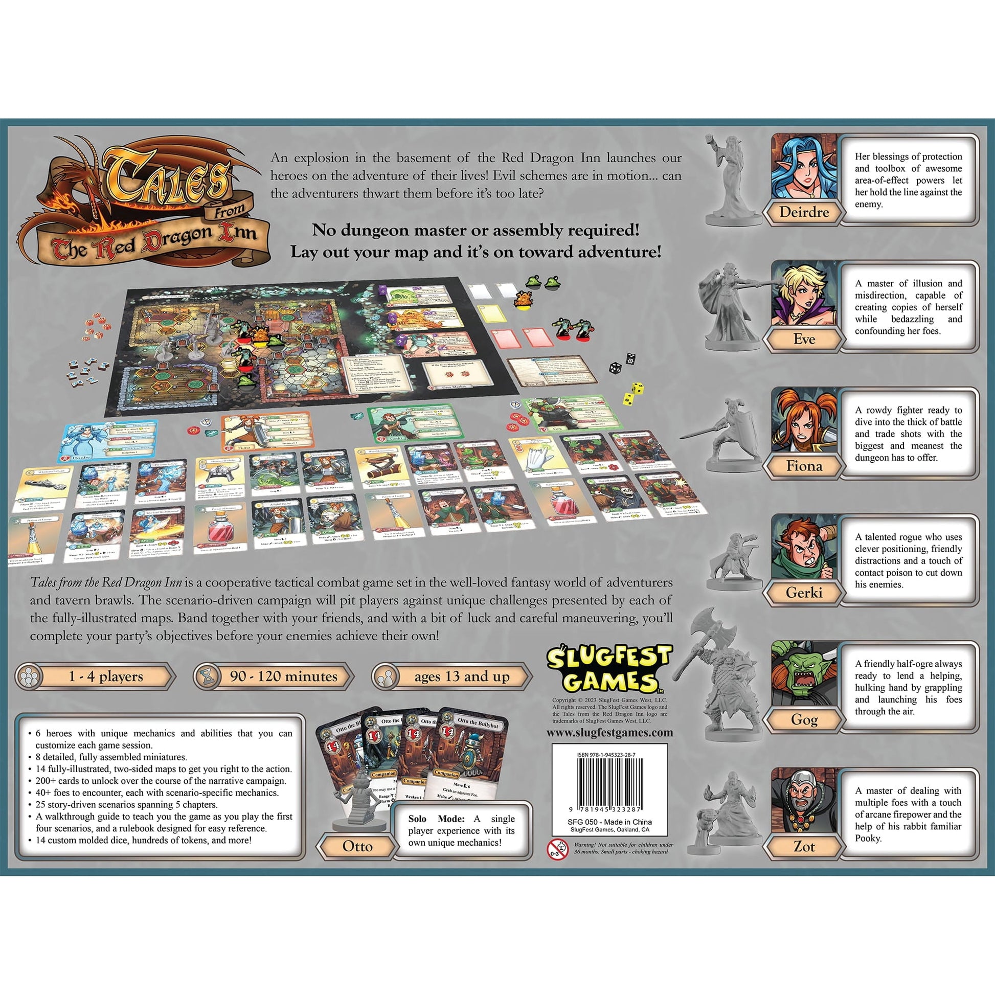 Tales from the Red Dragon Inn board game components laid out, featuring miniatures, cards and map tiles