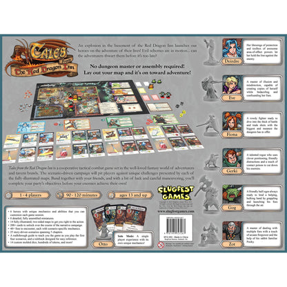 Tales from the Red Dragon Inn board game components laid out, featuring miniatures, cards and map tiles