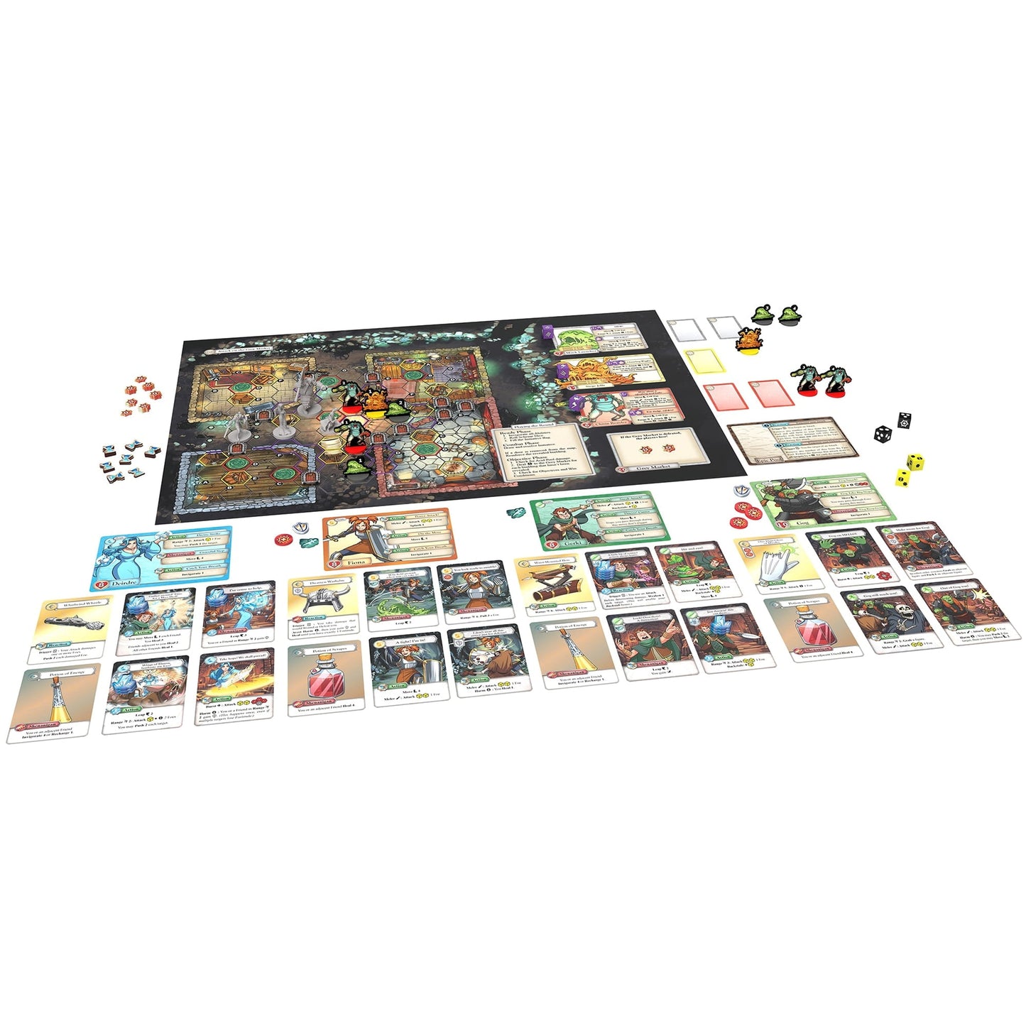 A complete fantasy board game setup showing the map board, character cards, plastic miniatures, tokens and dice