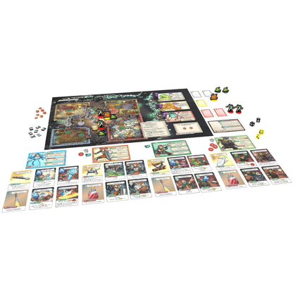A complete fantasy board game setup showing the map board, character cards, plastic miniatures, tokens and dice