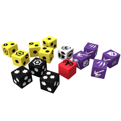 A collection of stylized, six-sided game dice in yellow, black, red and purple, marked with symbols (axes, claws, stars)