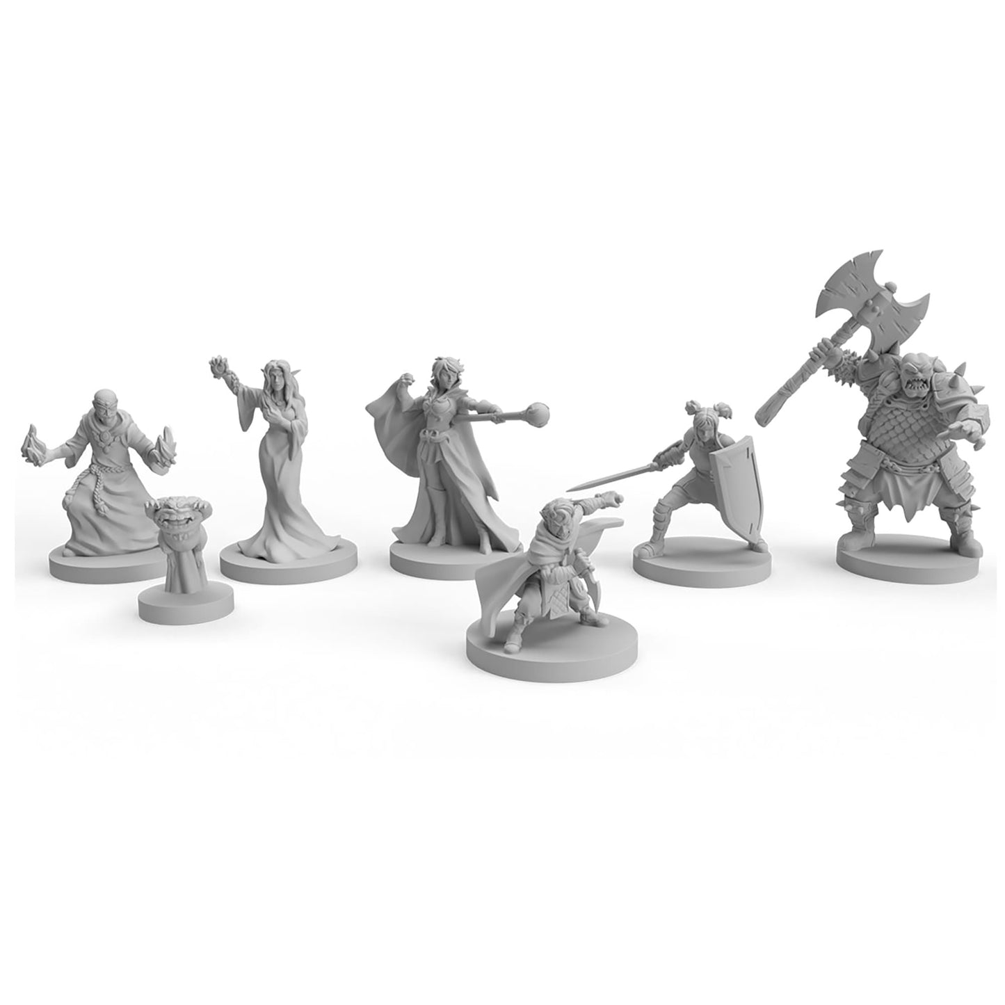 Set of unpainted gray plastic tabletop miniatures featuring fantasy heroes, casters, a monster and a large orc