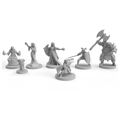 Set of unpainted gray plastic tabletop miniatures featuring fantasy heroes, casters, a monster and a large orc