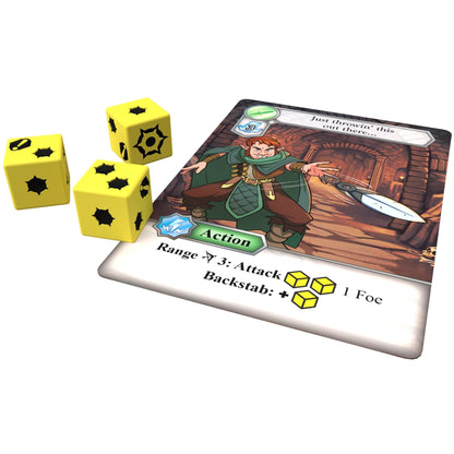Game card depicting a rogue throwing a knife (Backstab action) next to three yellow custom dice
