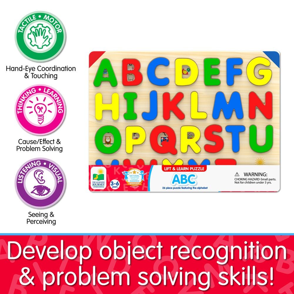 Wooden ABC Lift & Learn puzzle board with colourful alphabet letters (A-U visible) and surrounding text highlighting developmental skills for children 3-6 years old