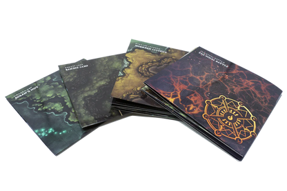 A fanned stack of fantasy RPG map tiles, including "Susan's Hut" and "The Final Battle" with a golden compass symbol.