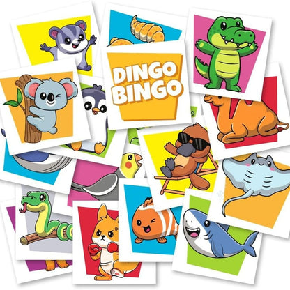 Colourful Dingo Bingo game cards piled together, featuring illustrations of cartoon animals (koala, crocodile, shark, platypus)