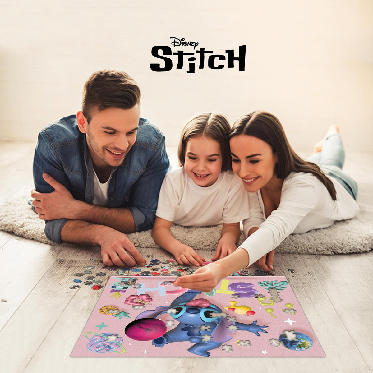 Parent and kid assembling 3D Stitch puzzle together on floor