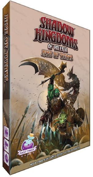 Shadow Kingdoms of Valeria Rise of Titans expansion board game box with epic fantasy art of orcs and goblins in battle