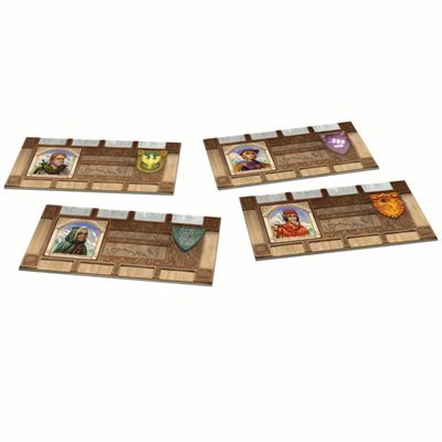 Four Lookout Games Treos board game player mats with artwork showing characters and shields
