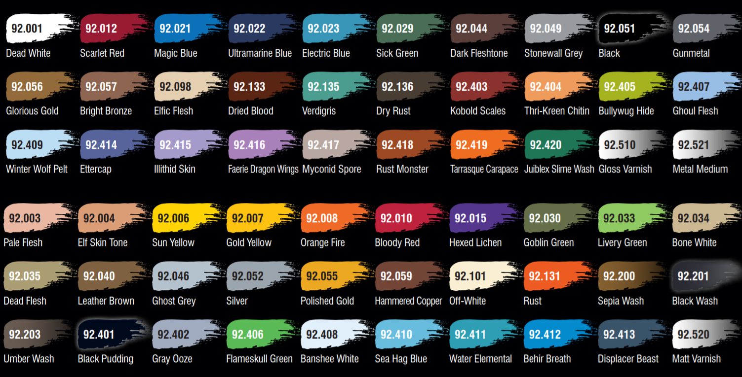 Full color chart showing 48 paint swatches with numbers and fantasy-themed names for miniature painting.