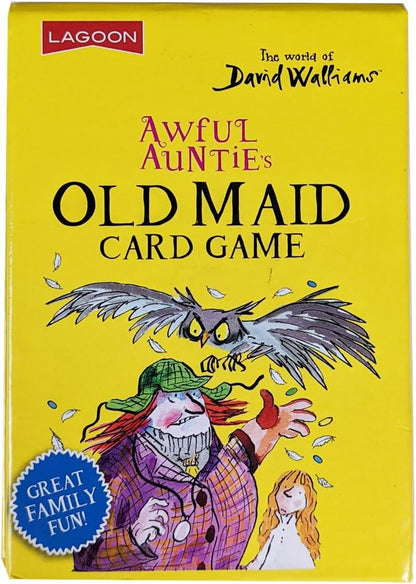 The yellow box cover of the David Walliams Awful Auntie's Old Maid Card Game features an illustration of Awful Auntie, a girl, and a flying owl