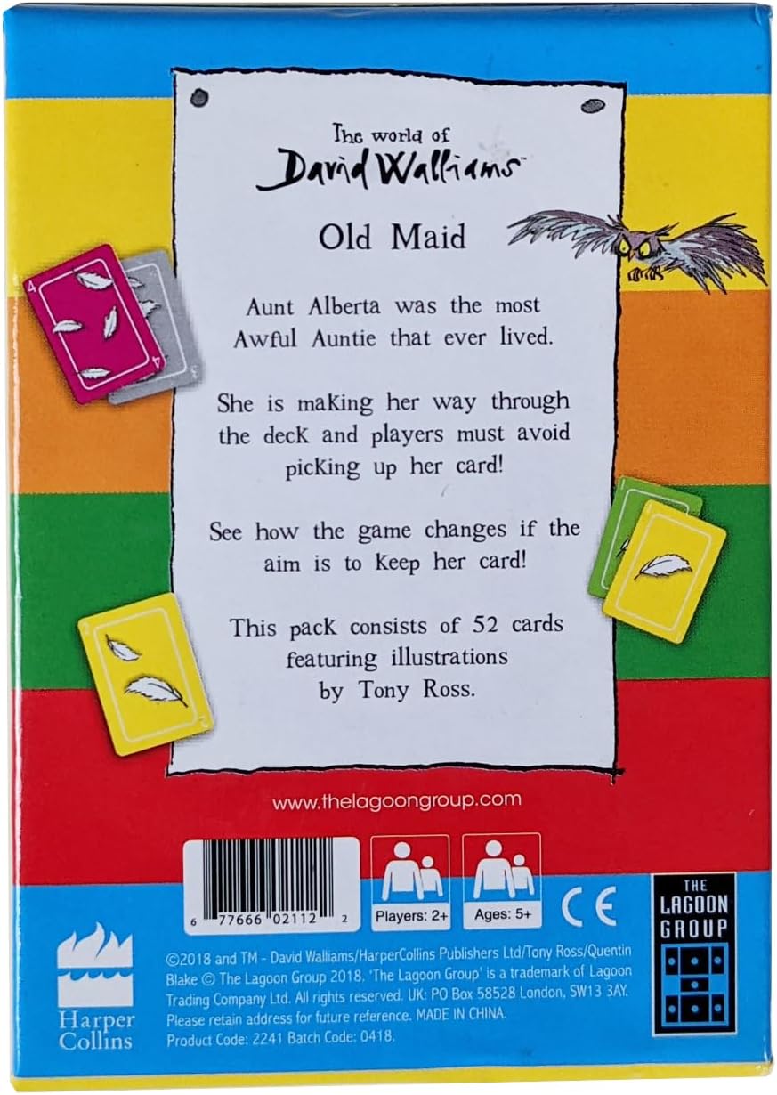 The back of the David Walliams Old Maid card game box features instructions about Aunt Alberta and 52 cards on a white note over colorful stripes with player icons and a barcode