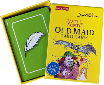The yellow packaged David Walliams Awful Auntie's Old Maid Card Game is partially open, showing a green card with a white feather design and the number one