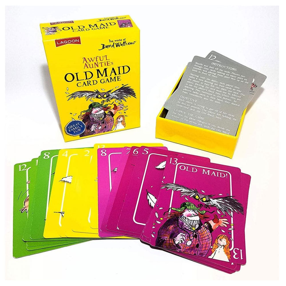 The yellow box for the David Walliams Awful Aunties Old Maid card game sits beside fanned green, yellow, and magenta cards illustrating the main character