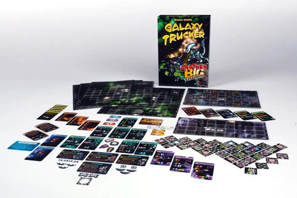 Galaxy Trucker: Another Big Expansion board game box and its space-themed components, including boards, cards, and tokens, laid out on white