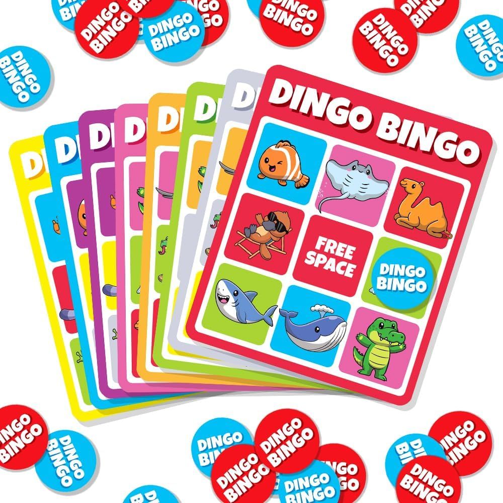 Colourful stack of Dingo Bingo game cards showing cartoon animals, including shark and clownfish, surrounded by red and blue chips