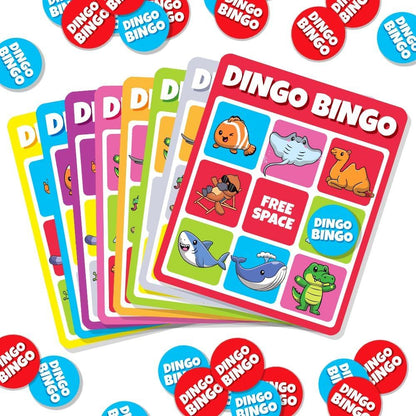 Colourful stack of Dingo Bingo game cards showing cartoon animals, including shark and clownfish, surrounded by red and blue chips