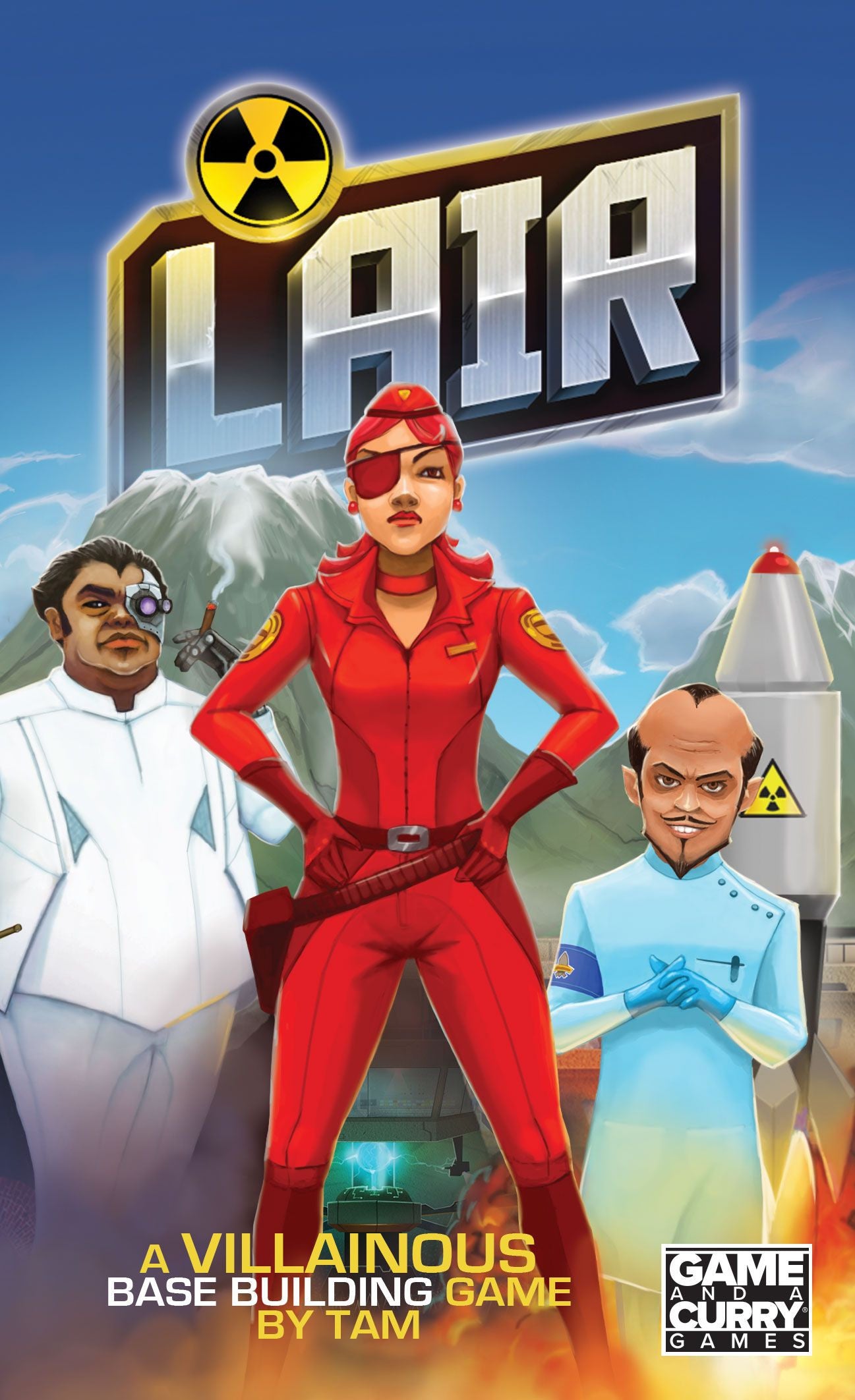 A villainous base building game box art featuring the game title LAIR and three stylized characters