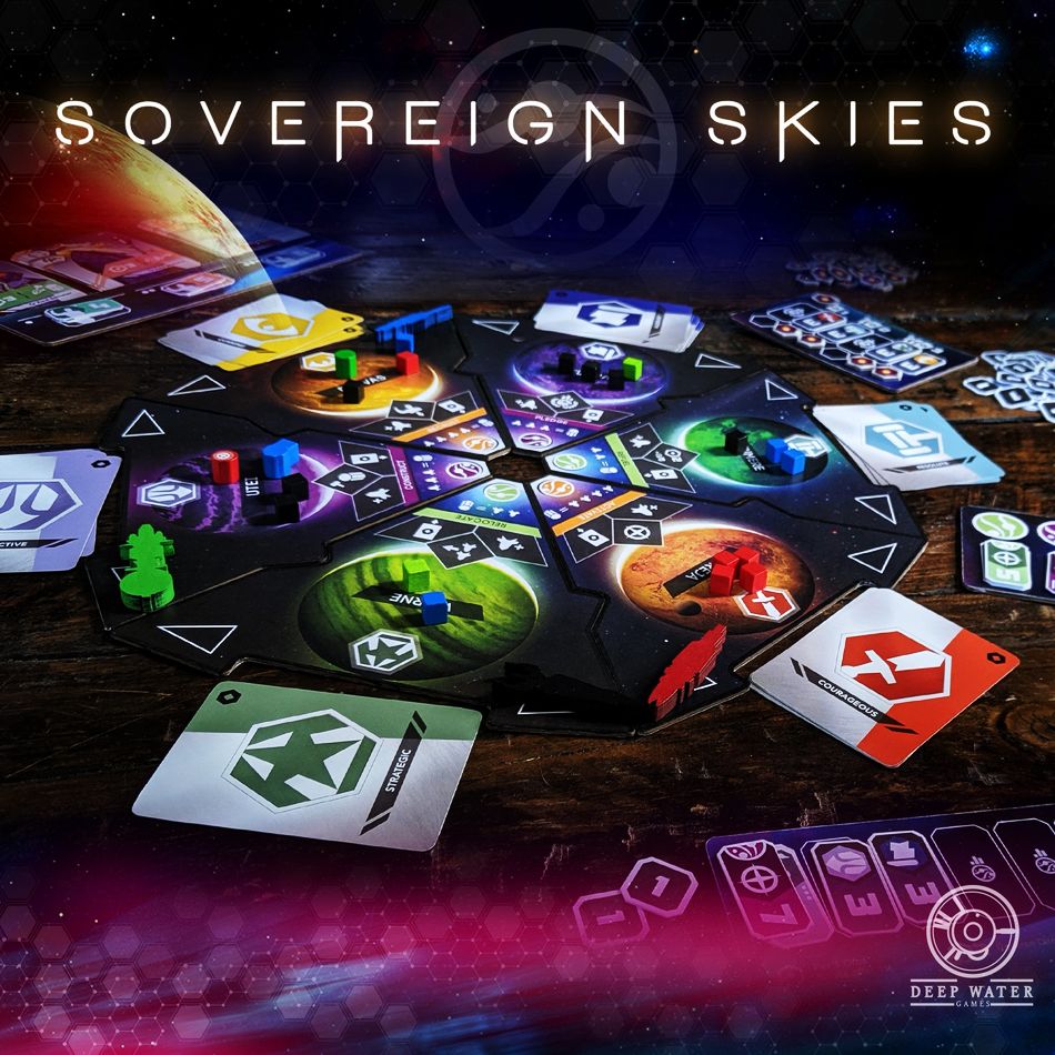 Sovereign Skies sci-fi board game setup: a dark, hexagonal board with colourful planet zones, pieces, and cards