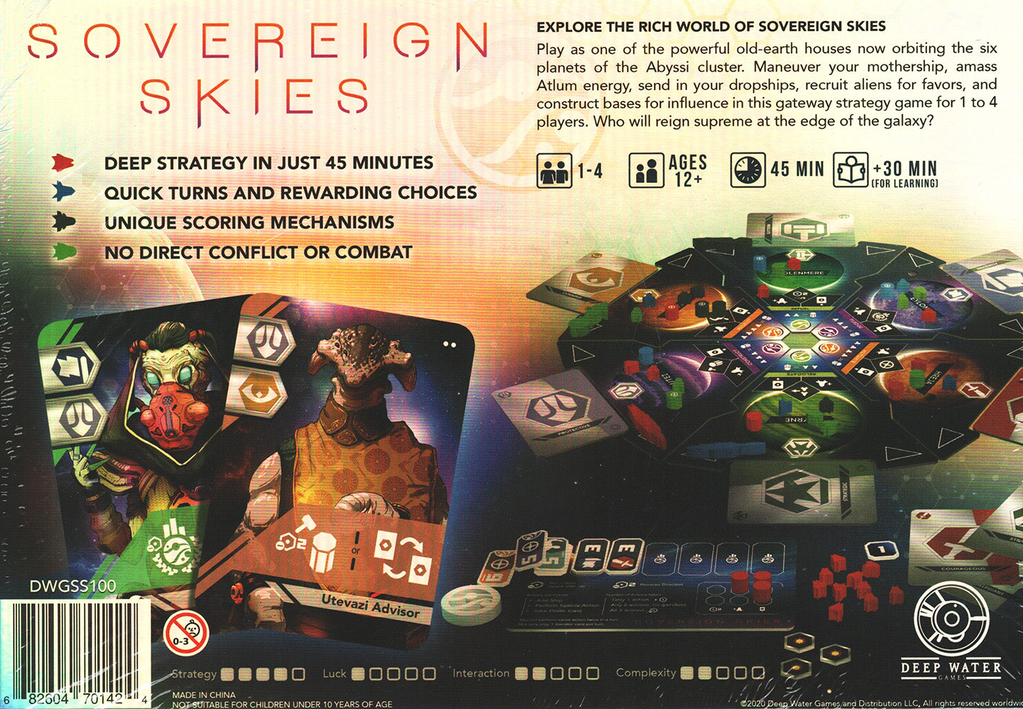Back of the "Sovereign Skies" board game box, displaying the hexagonal game board, character cards, and game information