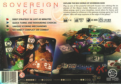Back of the "Sovereign Skies" board game box, displaying the hexagonal game board, character cards, and game information
