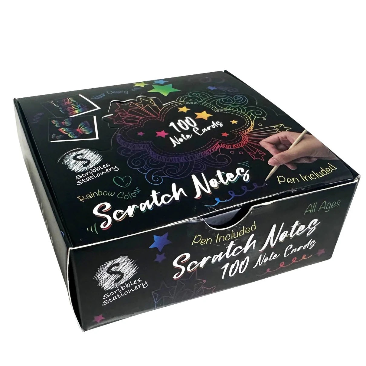 Box of Scratch Notes (100 cards) showing a hand using the stylus to reveal colorful rainbow designs underneath the black surface