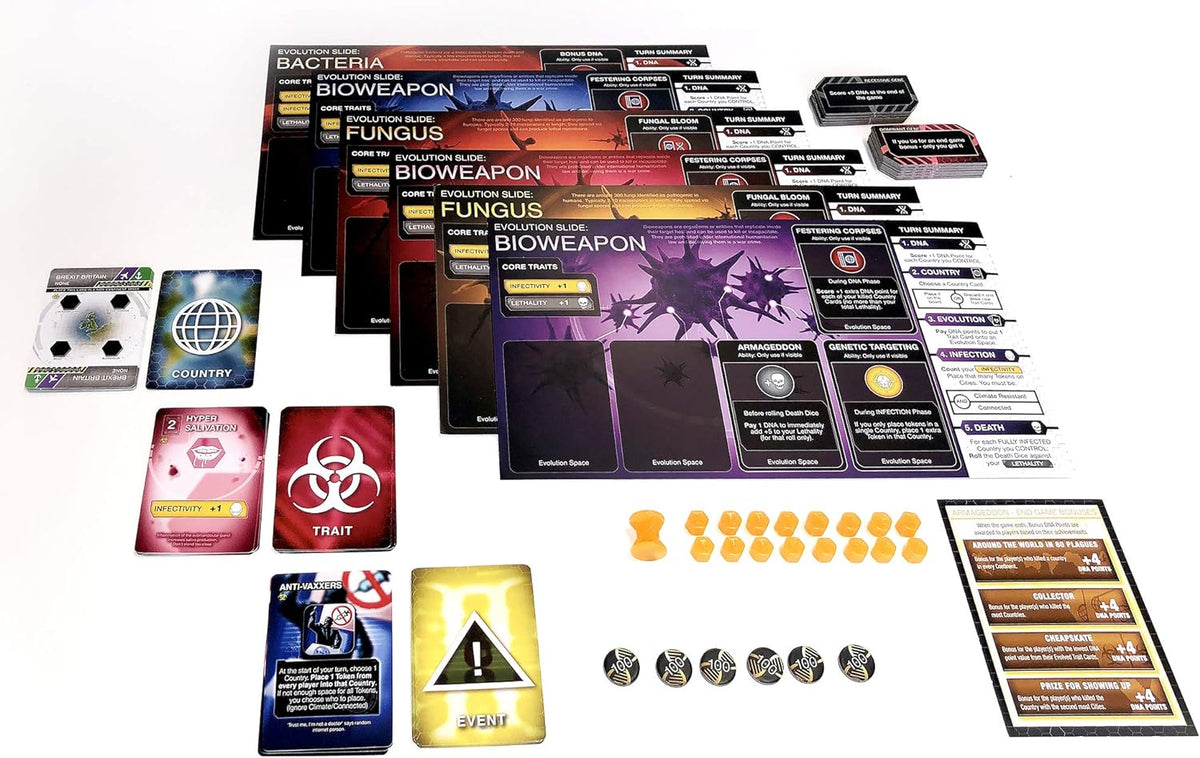 Plague-themed board game components, including &quot;Bioweapon&quot; and &quot;Fungus&quot; evolution cards, DNA tokens and rules