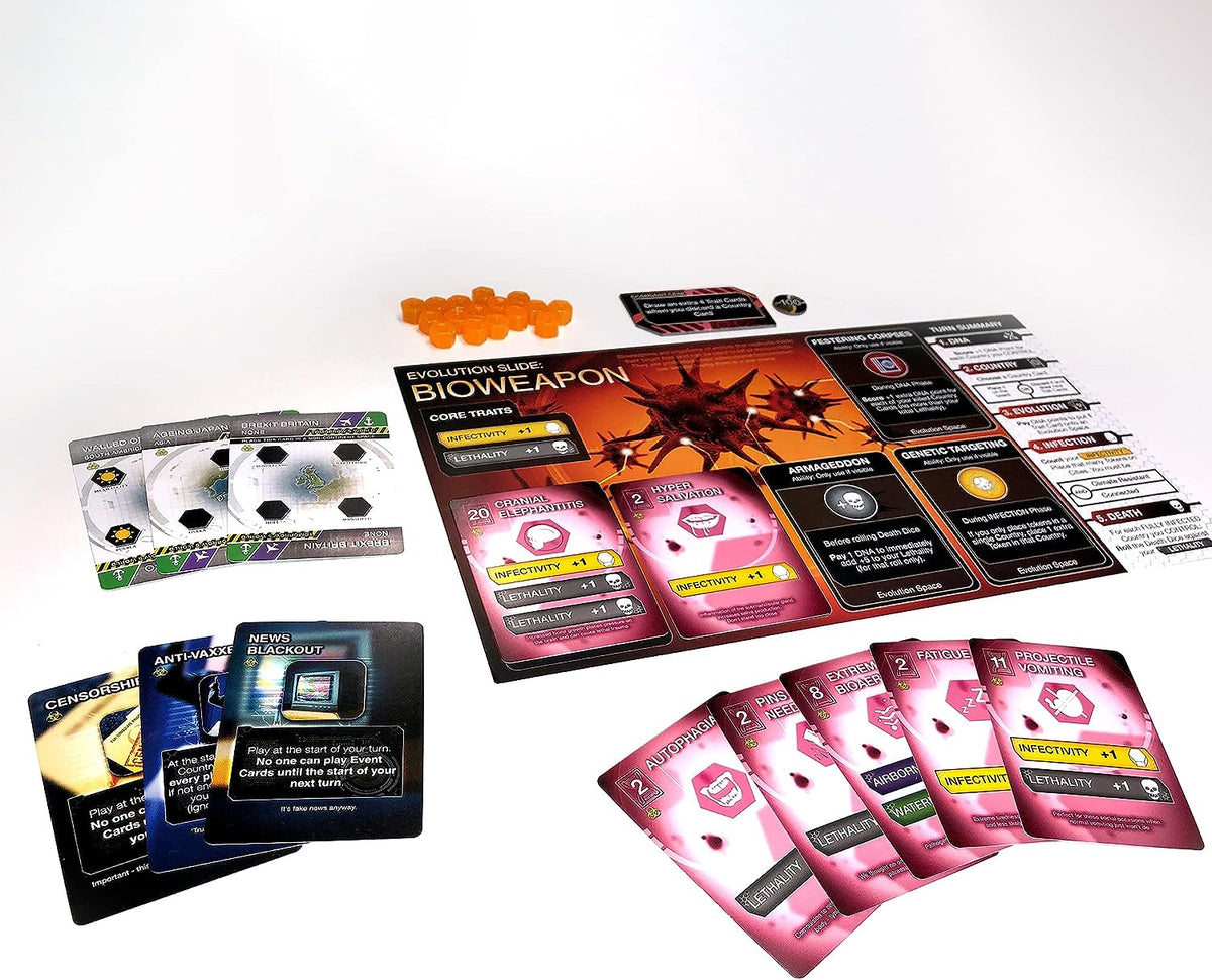 A board game setup for &quot;Bioweapon&quot; on a white table, showing cards with &quot;Infectivity&quot; and &quot;Lethality&quot; stats