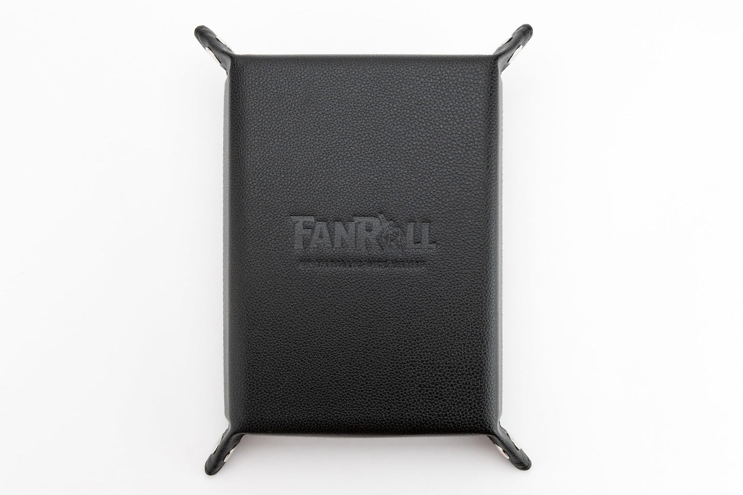 The FanRoll fold-up dice tray is black and rectangular, featuring a pebbled texture and the debossed logo centered on the exterior surface